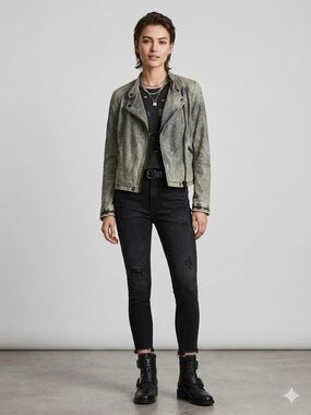 IRO Distressed Ashville Washed Olive Green/Grey Leather Moto Jacket - Lambskin